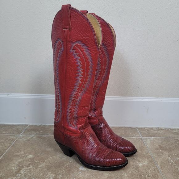 Vintage Justin Boots 7.5B Red Lizard Leather Cowboy Rodeo Tall Knee High Western - Picture 1 of 13